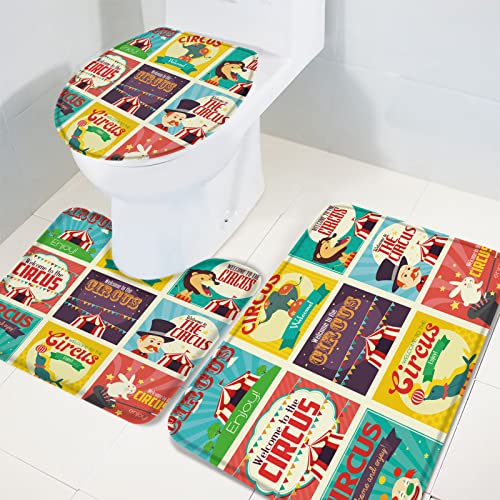 Bathroom Rugs, Memory Foam Bath Mat Bathroom Set, Cartoon Circus Bath Rugs Bathroom Accessories, Home Decor Non-Slip Absorbent Soft Bath Mats for Bathroom, Tub, 3 Pieces