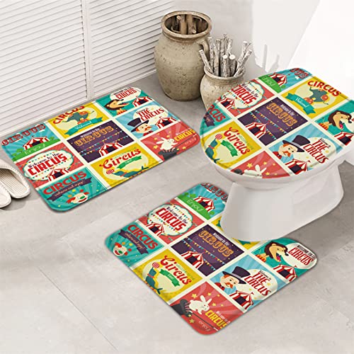 Bathroom Rugs, Memory Foam Bath Mat Bathroom Set, Cartoon Circus Bath Rugs Bathroom Accessories, Home Decor Non-Slip Absorbent Soft Bath Mats for Bathroom, Tub, 3 Pieces