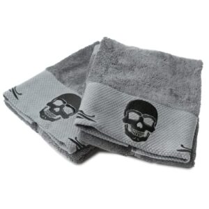 skullistic gothic skull embroidery hand towel 2pcs set, 100% cotton | decorative bathroom towel for hands & face, halloween decor