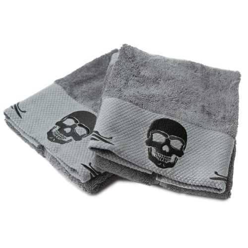 Skullistic Gothic Skull Embroidery Hand Towel 2pcs Set, 100% Cotton | Decorative Bathroom Towel for Hands & Face, Halloween Decor