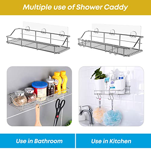 KESOL Adhesive Shower Caddy Shower Shelf Shower Organizer for Bathroom Organization with Hooks, SUS304 Stainless Steel, 2 Pack (Silver)