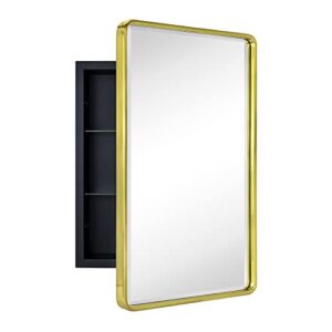 tehome farmhouse brushed gold metal framed recessed bathroom medicine cabinet with mirror rounded rectangle tilting beveled vanity mirros for wall 16x24''