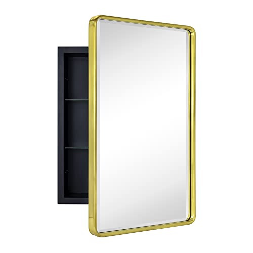 TEHOME Farmhouse Brushed Gold Metal Framed Recessed Bathroom Medicine Cabinet with Mirror Rounded Rectangle Tilting Beveled Vanity Mirros for Wall 16x24''