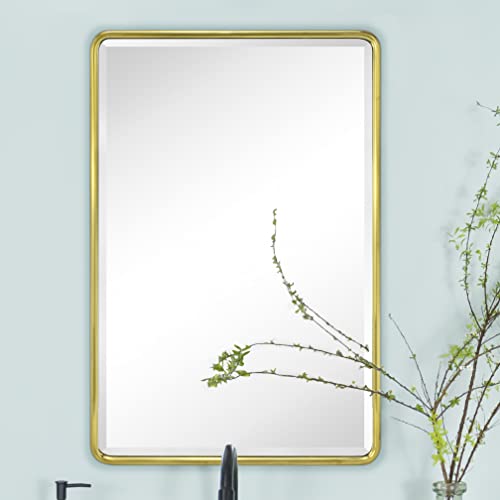 TEHOME Farmhouse Brushed Gold Metal Framed Recessed Bathroom Medicine Cabinet with Mirror Rounded Rectangle Tilting Beveled Vanity Mirros for Wall 16x24''