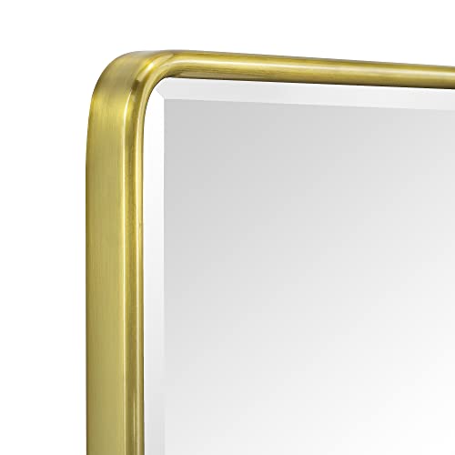 TEHOME Farmhouse Brushed Gold Metal Framed Recessed Bathroom Medicine Cabinet with Mirror Rounded Rectangle Tilting Beveled Vanity Mirros for Wall 16x24''