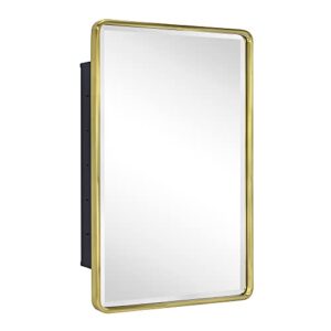 TEHOME Farmhouse Brushed Gold Metal Framed Recessed Bathroom Medicine Cabinet with Mirror Rounded Rectangle Tilting Beveled Vanity Mirros for Wall 16x24''