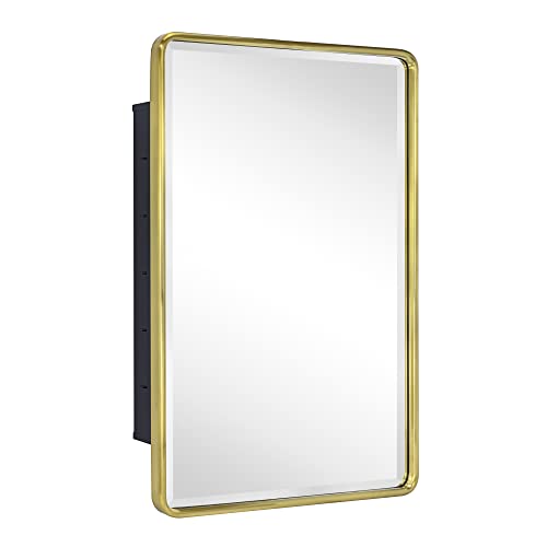 TEHOME Farmhouse Brushed Gold Metal Framed Recessed Bathroom Medicine Cabinet with Mirror Rounded Rectangle Tilting Beveled Vanity Mirros for Wall 16x24''