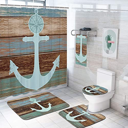 ASPMIZ 5 Pcs Anchor Shower Curtain Sets with Rugs and Towels, Include Non-Slip Rug, Toilet Lid Cover and Bath Mat, Nautical Anchor Rustic Wood Waterproof Shower Curtain with 12 Hooks for Bathroom