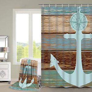 ASPMIZ 5 Pcs Anchor Shower Curtain Sets with Rugs and Towels, Include Non-Slip Rug, Toilet Lid Cover and Bath Mat, Nautical Anchor Rustic Wood Waterproof Shower Curtain with 12 Hooks for Bathroom