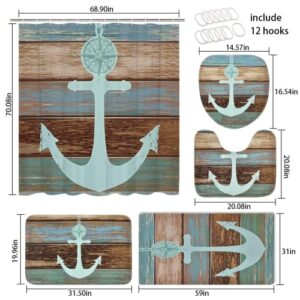 ASPMIZ 5 Pcs Anchor Shower Curtain Sets with Rugs and Towels, Include Non-Slip Rug, Toilet Lid Cover and Bath Mat, Nautical Anchor Rustic Wood Waterproof Shower Curtain with 12 Hooks for Bathroom