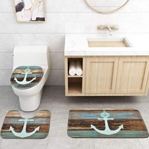 ASPMIZ 5 Pcs Anchor Shower Curtain Sets with Rugs and Towels, Include Non-Slip Rug, Toilet Lid Cover and Bath Mat, Nautical Anchor Rustic Wood Waterproof Shower Curtain with 12 Hooks for Bathroom