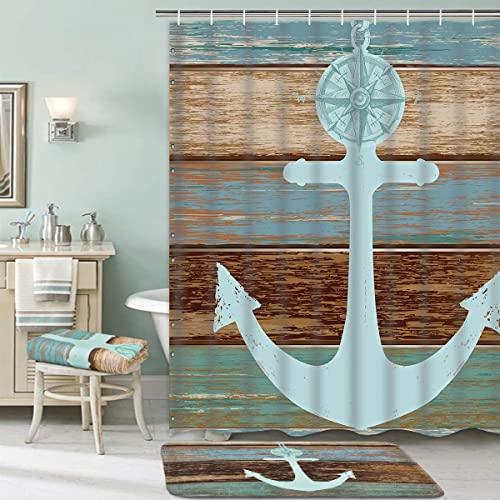 ASPMIZ 5 Pcs Anchor Shower Curtain Sets with Rugs and Towels, Include Non-Slip Rug, Toilet Lid Cover and Bath Mat, Nautical Anchor Rustic Wood Waterproof Shower Curtain with 12 Hooks for Bathroom