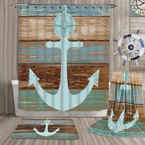 ASPMIZ 5 Pcs Anchor Shower Curtain Sets with Rugs and Towels, Include Non-Slip Rug, Toilet Lid Cover and Bath Mat, Nautical Anchor Rustic Wood Waterproof Shower Curtain with 12 Hooks for Bathroom