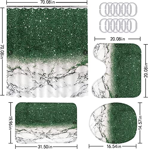 JQH store 4PCS Green Marble Shower Curtain Set with Non-Slip Rugs Toilet Lid Cover and Bath Mat Shower Curtain with 12 Hooks Bathroom Sets with Shower Curtain and Rugs and Accessories