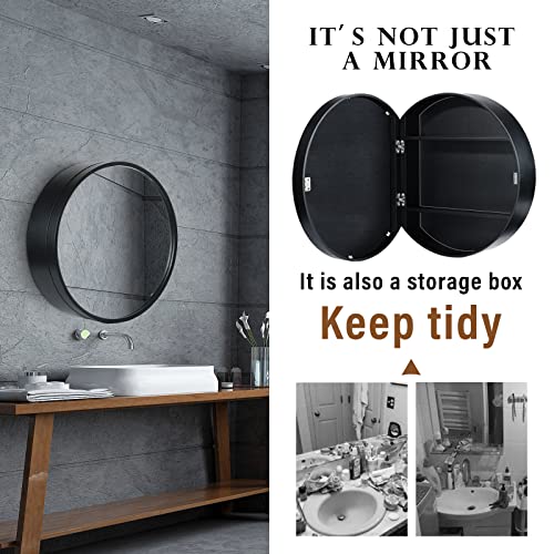 SDK Round Bathroom Mirror Cabinet, Bathroom Wall Storage Cabinet Mirror Medicine Cabinet with Slow-Close Wooden Frame 3 Level (Color : Black, Size : 50CM)