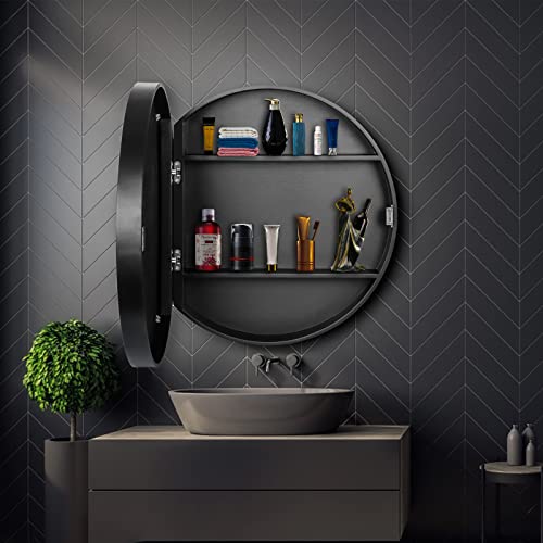 SDK Round Bathroom Mirror Cabinet, Bathroom Wall Storage Cabinet Mirror Medicine Cabinet with Slow-Close Wooden Frame 3 Level (Color : Black, Size : 50CM)