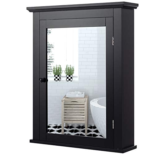 Tangkula Bathroom Cabinet with Mirror, Mirrored Wall-Mounted Storage Medicine Cabinet with Single Door & Adjustable Shelf in 5 Positions, Multipurpose Wall Cabinet for Bathroom Vestibule (Black)