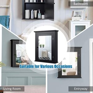 Tangkula Bathroom Cabinet with Mirror, Mirrored Wall-Mounted Storage Medicine Cabinet with Single Door & Adjustable Shelf in 5 Positions, Multipurpose Wall Cabinet for Bathroom Vestibule (Black)