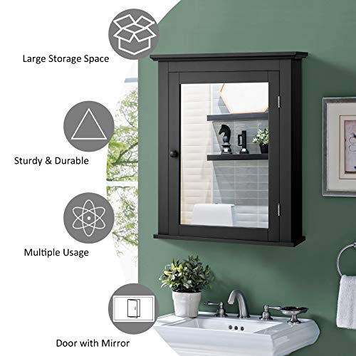 Tangkula Bathroom Cabinet with Mirror, Mirrored Wall-Mounted Storage Medicine Cabinet with Single Door & Adjustable Shelf in 5 Positions, Multipurpose Wall Cabinet for Bathroom Vestibule (Black)