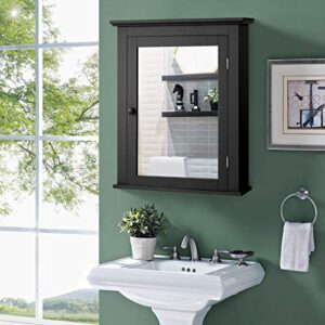 Tangkula Bathroom Cabinet with Mirror, Mirrored Wall-Mounted Storage Medicine Cabinet with Single Door & Adjustable Shelf in 5 Positions, Multipurpose Wall Cabinet for Bathroom Vestibule (Black)