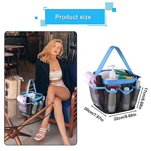 Shower Tote Bag, Portable Shower Caddy Tote Organizer with Handle and 7 Pockets, Mesh Shower Bag for Dorm Room Gym Bathroom Camping, Large Capacity (Black, Blue)