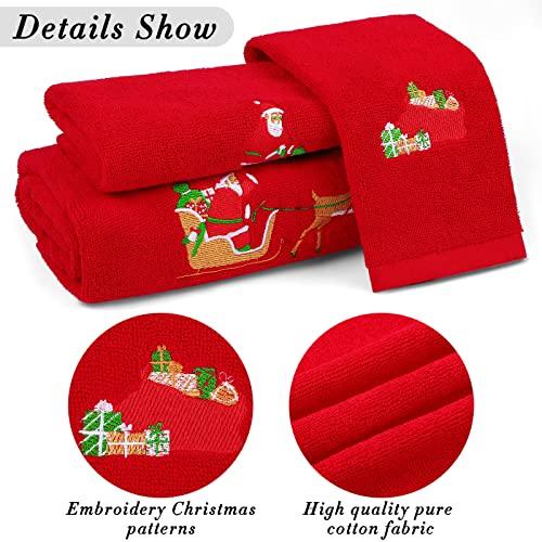 Shojoy 3 Pack Christmas Towels Set 100% Cotton Large Size Christmas Theme Towels Embroidery Christmas Bath Towels Hand Towels Facial Towels for Home Bathroom Kitchen (Red, 3 Sizes)