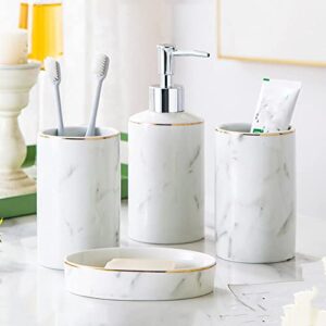 runlaikeji white bathroom accessories set 4 pcs,home bathroom counter set, marbling ceramic bathroom accessories with soap dispenser, soap dish, 2 mouthwash cups box packaging