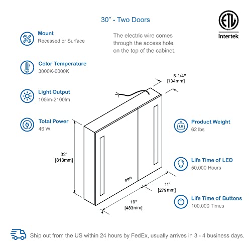 Blossom Recessed or Surface 30 Inch LED Mirror Medicine Cabinet with Lights, LED Medicine Cabinet with Defogger, Dimmer, Outlets & USB Ports (30x32)