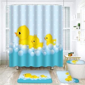 EARVO Cute Yellow Duck Taking Bath Shower Curtain 4Pcs Bath Sets with Non-Slip Rugs U-Shaped Mat Toilet Lid Cover for Kids Baby Bathroom Decor 71x72 inches Polyester Fabric 12 Hooks SETMYEA34