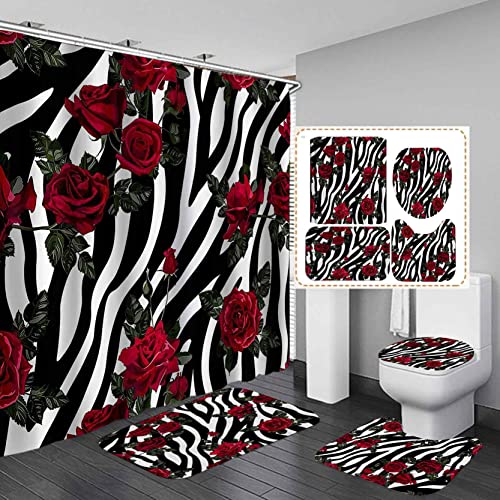 Dia Magico 4PCS Zebra Print Shower Curtain Set, Romantic Red Rose Floral Botanical Black and White Stripes Wildlife Safari Animal Skin Modern Bathroom Decor Fabric Shower Curtain, Non-Slip Bath Mat