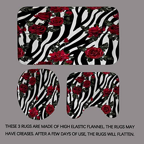 Dia Magico 4PCS Zebra Print Shower Curtain Set, Romantic Red Rose Floral Botanical Black and White Stripes Wildlife Safari Animal Skin Modern Bathroom Decor Fabric Shower Curtain, Non-Slip Bath Mat