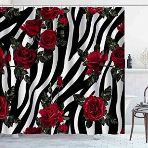 Dia Magico 4PCS Zebra Print Shower Curtain Set, Romantic Red Rose Floral Botanical Black and White Stripes Wildlife Safari Animal Skin Modern Bathroom Decor Fabric Shower Curtain, Non-Slip Bath Mat