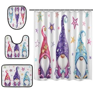 4pcs magic gnomes with stars shower curtain set with non-slip rugs, toilet lid cover and bath u-shaped mat, bathroom decor set accessories waterproof shower curtain sets with 12 hooks