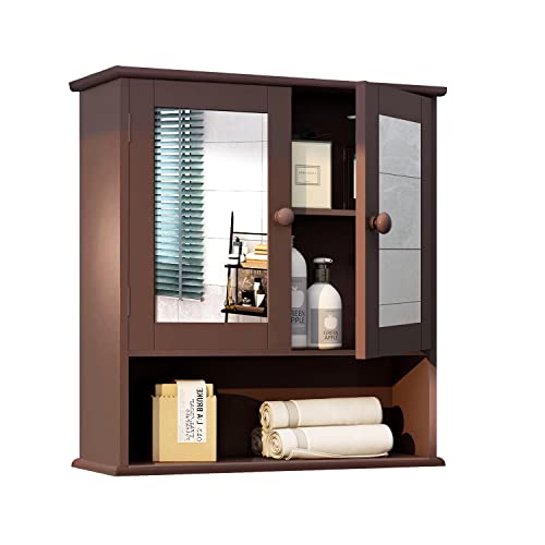 TaoHFE Brown Medicine Cabinets for Bathroom with Mirror 2 Doors 3 Open Shelf Bathroom Hanging Cabinet Wall Mounted Wooden Bathroom Storage Cabinet Over Toilet Bathroom Cabinet Laundry Room Kitchen