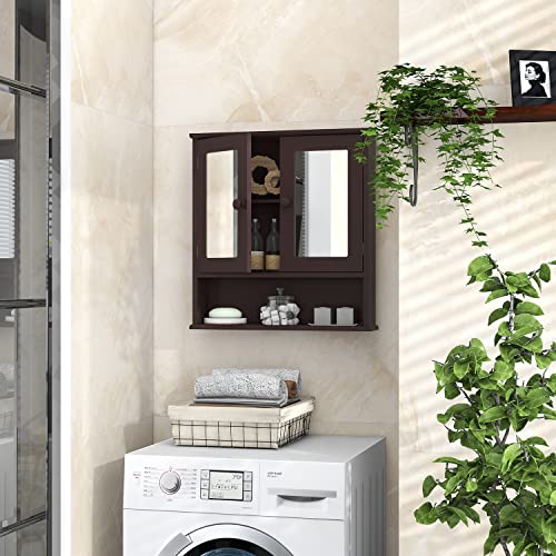 TaoHFE Brown Medicine Cabinets for Bathroom with Mirror 2 Doors 3 Open Shelf Bathroom Hanging Cabinet Wall Mounted Wooden Bathroom Storage Cabinet Over Toilet Bathroom Cabinet Laundry Room Kitchen