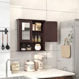 TaoHFE Brown Medicine Cabinets for Bathroom with Mirror 2 Doors 3 Open Shelf Bathroom Hanging Cabinet Wall Mounted Wooden Bathroom Storage Cabinet Over Toilet Bathroom Cabinet Laundry Room Kitchen