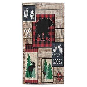 wondertify animal lodge hand towel bear moose buffalo plaid band deer cabin vintage wooden board hand towels for bathroom, hand & face washcloths 15x30 inches