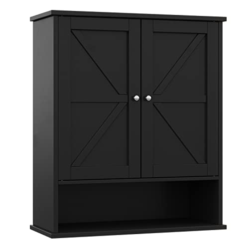 Reettic Two Door Wall Cabinet, Wooden Medicine Cabinet, Wall Mounted Bathroom Storage Cabinet with Inner Adjustable Shelf, for Bathroom, Kitchen, Entryway, Black BMGZ103B