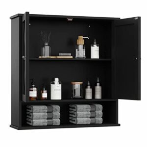 Reettic Two Door Wall Cabinet, Wooden Medicine Cabinet, Wall Mounted Bathroom Storage Cabinet with Inner Adjustable Shelf, for Bathroom, Kitchen, Entryway, Black BMGZ103B