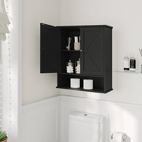 Reettic Two Door Wall Cabinet, Wooden Medicine Cabinet, Wall Mounted Bathroom Storage Cabinet with Inner Adjustable Shelf, for Bathroom, Kitchen, Entryway, Black BMGZ103B