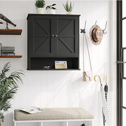 Reettic Two Door Wall Cabinet, Wooden Medicine Cabinet, Wall Mounted Bathroom Storage Cabinet with Inner Adjustable Shelf, for Bathroom, Kitchen, Entryway, Black BMGZ103B