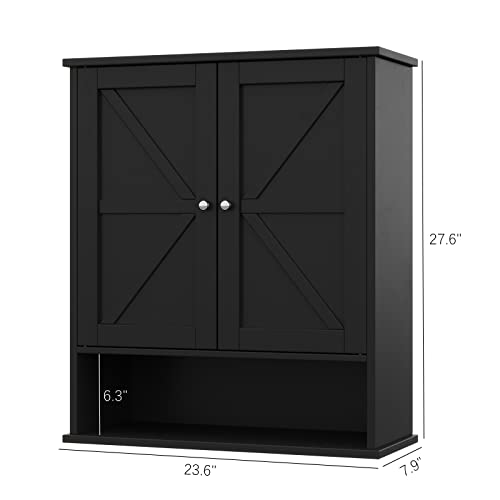 Reettic Two Door Wall Cabinet, Wooden Medicine Cabinet, Wall Mounted Bathroom Storage Cabinet with Inner Adjustable Shelf, for Bathroom, Kitchen, Entryway, Black BMGZ103B
