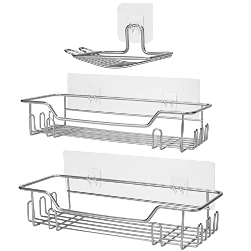 KeFanta Adhesive Shower Shelves,Shower Caddy Organizer with 18 Hooks,Drilling Free Razor Shower Shampoo Soap Holder,3 Pack Shower Racks for Inside Shower,Stainless Steel/Silver