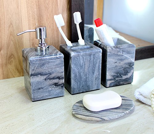 KLEO - Bathroom Accessory Set Made from Natural Stone - Bath Accessories Set of 4 Includes Soap Dispenser, Toothbrush Holder, Tumbler and Soap Dish (Grey)