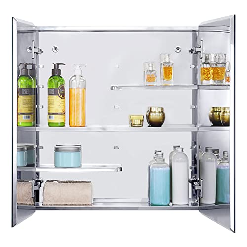 Fundin Stainless Steel Medicine Cabinet, Bathroom Mirror Cabinet, Surface Mount and Recess Mount, 23.6 x 25.6 inch, with Unique Half-Shelves for Greater Storage adjustability