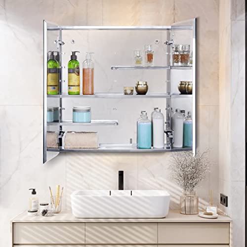 Fundin Stainless Steel Medicine Cabinet, Bathroom Mirror Cabinet, Surface Mount and Recess Mount, 23.6 x 25.6 inch, with Unique Half-Shelves for Greater Storage adjustability