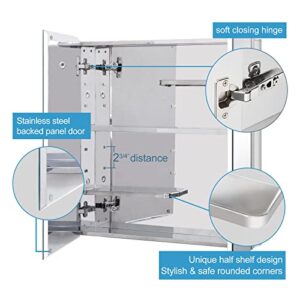 Fundin Stainless Steel Medicine Cabinet, Bathroom Mirror Cabinet, Surface Mount and Recess Mount, 23.6 x 25.6 inch, with Unique Half-Shelves for Greater Storage adjustability