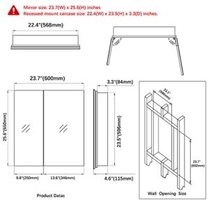 Fundin Stainless Steel Medicine Cabinet, Bathroom Mirror Cabinet, Surface Mount and Recess Mount, 23.6 x 25.6 inch, with Unique Half-Shelves for Greater Storage adjustability