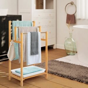 Nisorpa 3 Tier Freestanding Towel Rack Bamboo Bathroom Towel Drying Stand Holder Bamboo Standing Towel Rack with Bottom Storage Shelf for Hand Towel Washcloth Facecloth Small Bath Towel and Bathrobe