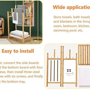 Nisorpa 3 Tier Freestanding Towel Rack Bamboo Bathroom Towel Drying Stand Holder Bamboo Standing Towel Rack with Bottom Storage Shelf for Hand Towel Washcloth Facecloth Small Bath Towel and Bathrobe